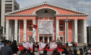 Ulaanbaatar's ballet dancers perform in front of the opera house during the Vienna and Ulaanbaatar dance ball ceremony.