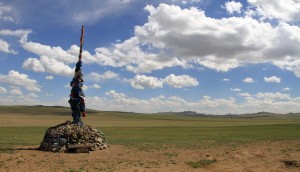 An ovoo (Buddhist rock mound) in Mongolia.