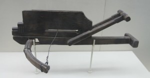 A replica of a crossbow that would've been used for defense of the Great Wall.