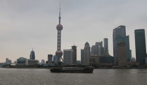 The Oriental Pearl Tower and other skyscrapers across the Huangpu river.