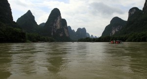Looking down the Li River with impressive mountains along both banks.