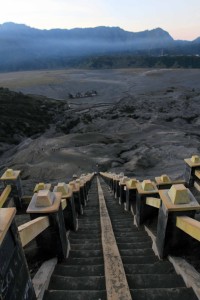 Looking down from the steps up Mount Bromo at the Hindu temple below. 