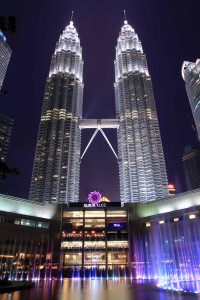 The towers at night.