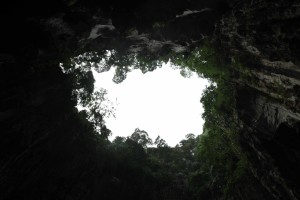 Looking up at the giant hole past the end of Temple Cave.