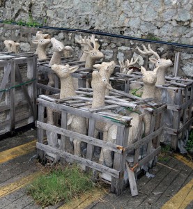Caged deer statues, waiting to be placed in Kek Lok Si temple.