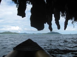 Photo of my sea canoe while exploring some overhanging limestone rock formations.