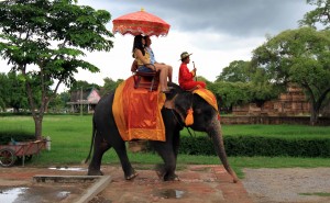 Tourists taking a ride on an elephant around Ayutthaya Historical Park.