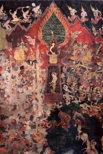 Mural of Mara (the Lord of Worldly Delusion and Desire) and his demon army assailing the meditating Gautama. 