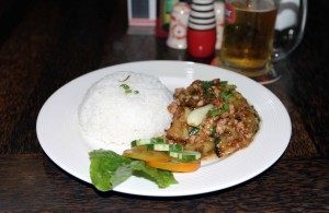 Minced pork with eggplant and steamed rice.