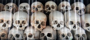 Skulls of the victims on display in the Memorial Stupa.