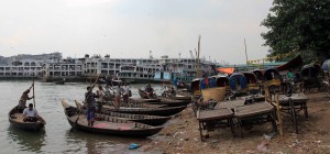 Boats docked along the northern bank of the Buriganga River.