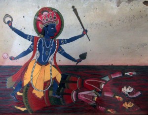 Depiction of the murder of two demons (Madhu and Kaitava) by lord Vishnu, based on a religious story.