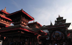 Kathmandu Durbar Square in the late afternoon with the Kal Bhairav relief statue in view.
