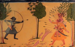 Rama piercing Ravana's neck with his arrows.
