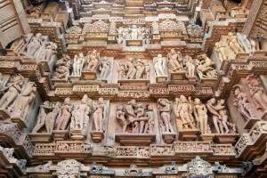 Two rows of sculpted reliefs adorning the Lakshmana Temple.