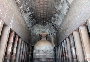 Cave No. 10 at the Ajanta Caves, a chaityagriha belonging to the Hinayana Sect of Buddhism.