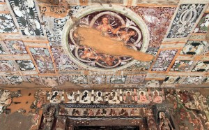 Painted ceiling above the entrance to Cave No. 17 at the Ajanta Caves.
