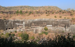 View of the Ajanta Caves from across the Waghora River.