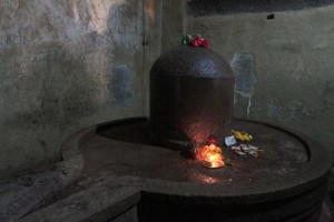 Linga and yoni sculpture in the inner sanctum inside the Kailasa Cave temple.