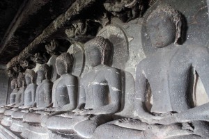 Seated Buddhas lined up inside Cave No. 12.