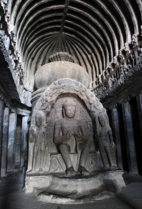 Inside of Cave No. 10, a double-storeyed Buddhist cathedral-cum-monastery and the only chaityagriha in the Ellora Caves.