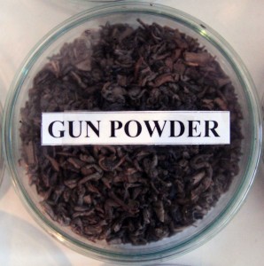 Sample of "Gun Powder" tea - green tea prepared using the Chinese pan heating process.