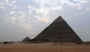 The Pyramid of Khafre with the Pyramid of Menkaure (also known as the "Pyramid of Mycerinus") in the background