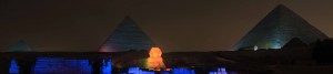 The Pyramids of Giza and the Sphinx lit up during the Sound and Light Show.