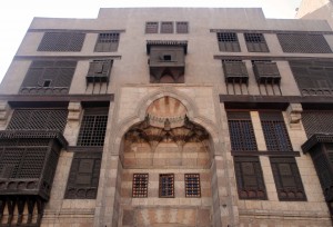 Building in the Islamic part of Cairo with many wood lattice screens.