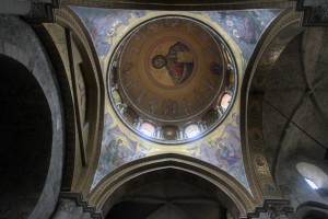 The "Christ Pantocrator" mosaic, above the Catholicon, in the Church of the Holy Sepulchre.