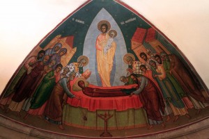 Artwork depicting the Dormition of the Virgin Mary.