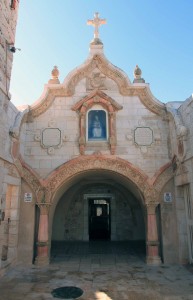 The entrance to the Milk Grotto Church; according to tradition , the Virgin Mary hid there during her flight to Egypt and while nursing Jesus, a drop of breast milk landed on the rock and became a source of miracles.