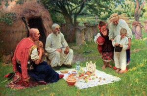 Painting depicting a family in the countryside with a traveling musician.