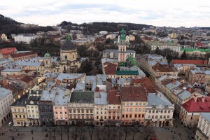 View from the Town Hall tower with the Dominican Church (dome on the left) and Assumption Church (bell tower on the right).