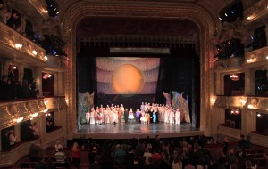 The cast of 'The Magic Flute' being applauded at the end of their performance in the Lviv National Academic Theater of Opera and Ballet.