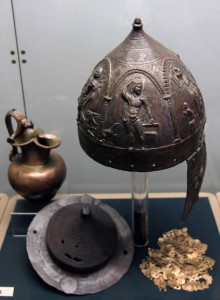 Helmet, umbo, jug, and cuirass fragments from Kara Agach (1st-century AD).