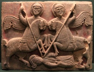 Relief limestone slab from a church in Amaseia, Asia Minor, which depicts Sts. Theodore and George (two military saints) thrusting their spears in to a foe (13th-century AD).