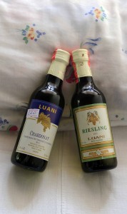 Two miniature bottles of Albanian wine (Chardonnay and Riesling). 
