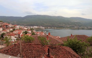 The old town of Ohrid next to Lake Ohrid.
