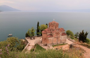 Church of St. John the Theologian at Kaneo, a 13th-century AD church built on a cliff overlooking Lake Ohrid.