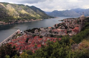 The Bay of Kotor with the Church of Our Lady of the Health (on the right).