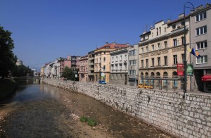 View of the Miljacka River and Sarajevo from the Latin Bridge.