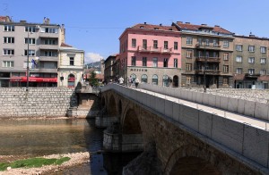 Another view of the Latin Bridge with the Sarajevo Museum in the background.