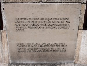 Etched stone marking the spot where Gavrilo Princip assassinated Archduke Franz Ferdinand and his wife Sofia (near the Latin Bridge).