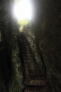 Wooden ladder on the trail down to Iglica Waterfall.