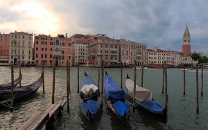 Gondolas docked at the southern end of the Grand Canal with the Campanile in the distance.