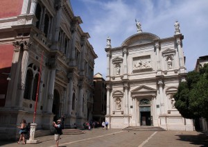 The Scuola Grande di San Rocco (on the left), which contains a number of masterworks by Tintoretto).