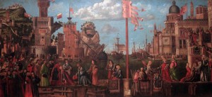 'Meeting of the Betrothed Couple and the Departure of the Pilgrims' by Vittore Carpaccio (1495 AD).