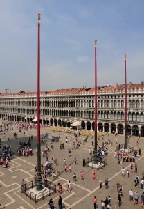 The Piazza San Marco with its three tall flag poles (the Venetian flag of St Mark used to fly from them in the time of the Republic of Venice), seen from the Basilica.