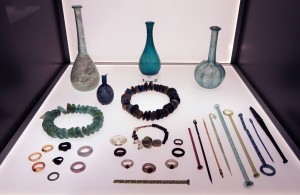 Ancient glass artifacts on display inside the Glass Museum.